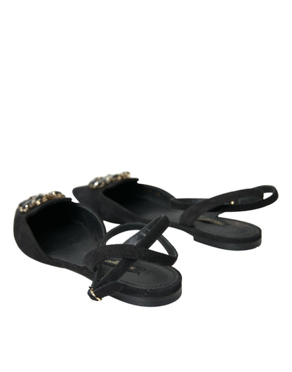 Dolce & Gabbana Black Leather Crystal Slingback Sandals Shoes