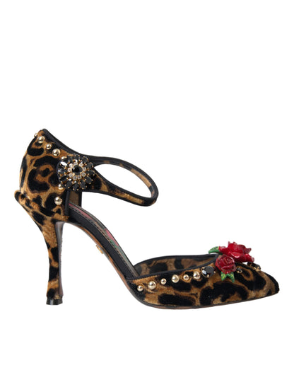 Dolce & Gabbana Brown Leopard Floral Crystal Mary Janes Pumps Shoes