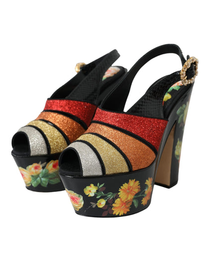 Dolce & Gabbana Multicolor Floral Crystal Platform Sandals Shoes