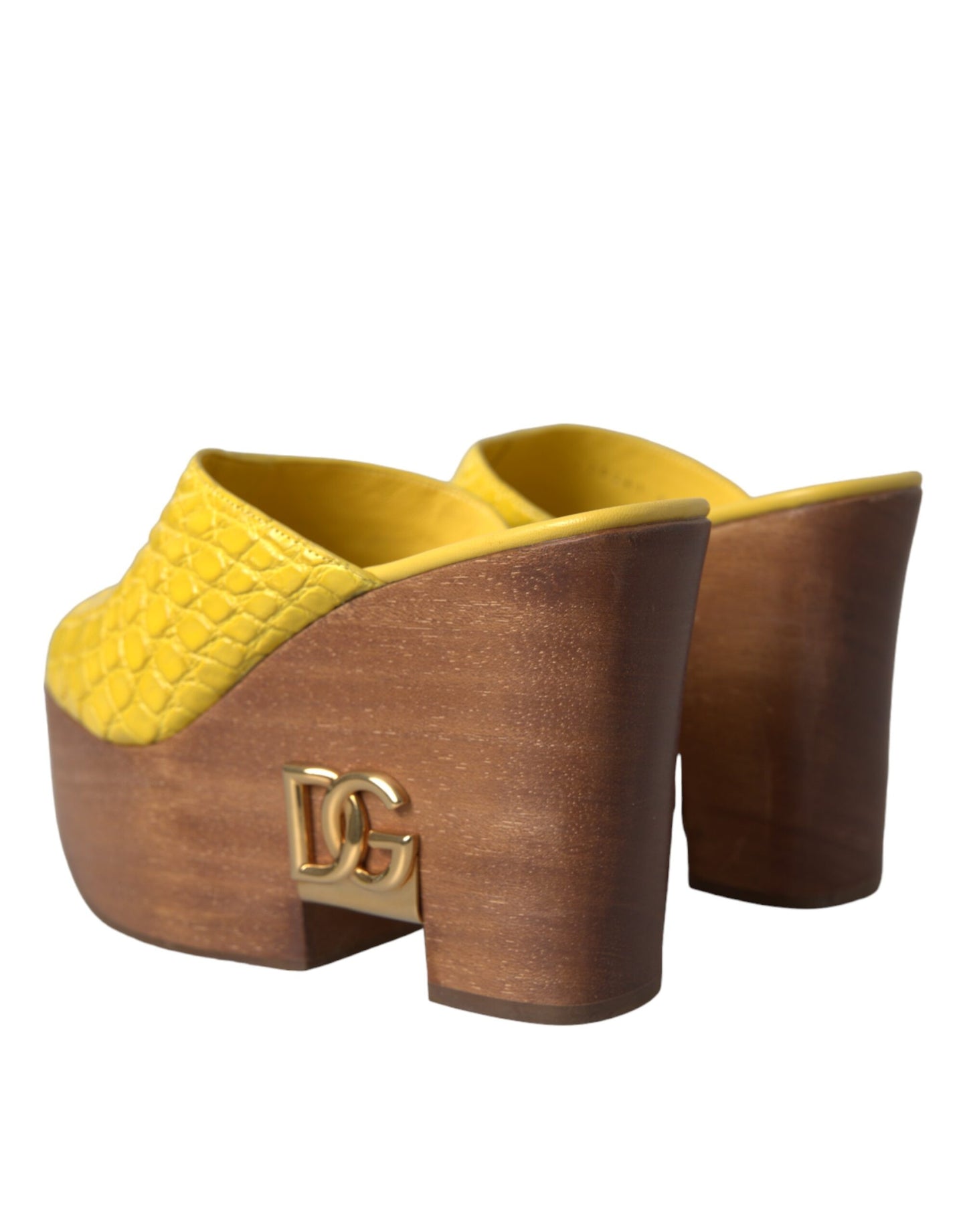 Dolce & Gabbana Yellow Leather Wood Mule Wedge Slides Shoes