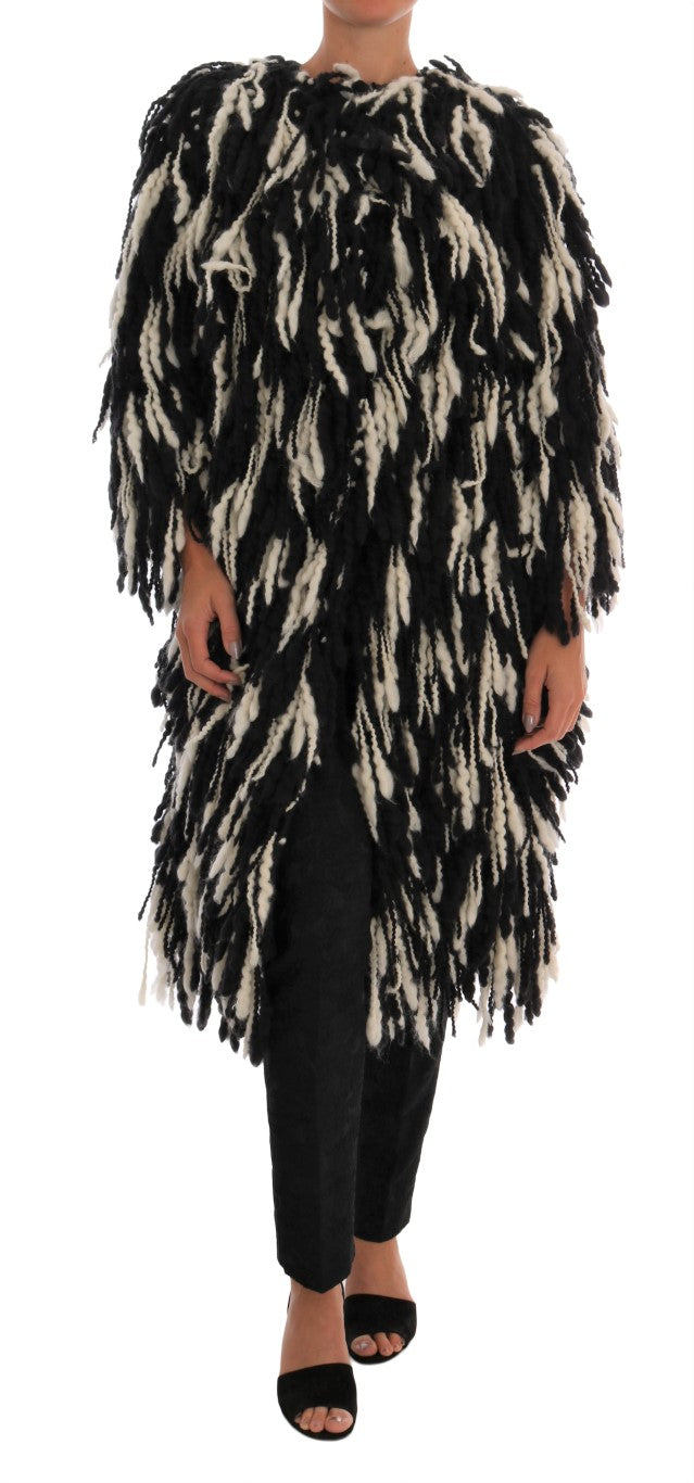 Dolce & Gabbana Black and White Fringed Wool Coat Jacket - Gio Beverly Hills