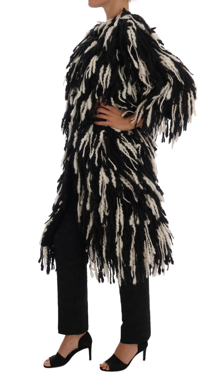 Dolce & Gabbana Black and White Fringed Wool Coat Jacket - Gio Beverly Hills