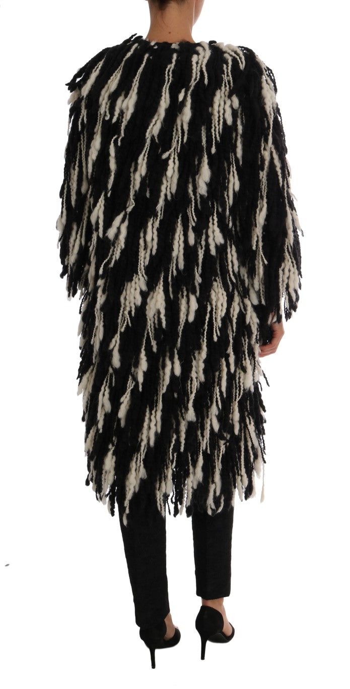 Dolce & Gabbana Black and White Fringed Wool Coat Jacket - Gio Beverly Hills