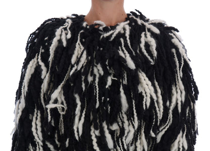 Dolce & Gabbana Black and White Fringed Wool Coat Jacket - Gio Beverly Hills