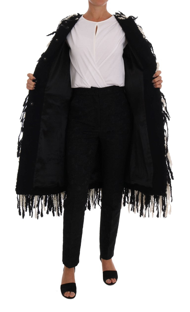 Dolce & Gabbana Black and White Fringed Wool Coat Jacket - Gio Beverly Hills