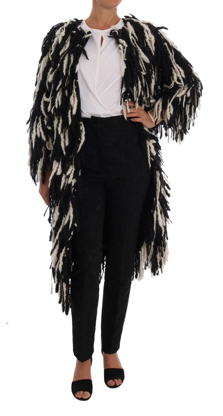 Dolce & Gabbana Black and White Fringed Wool Coat Jacket - Gio Beverly Hills