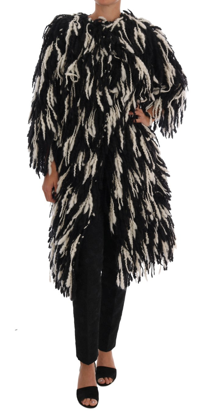 Dolce & Gabbana Black and White Fringed Wool Coat Jacket - Gio Beverly Hills