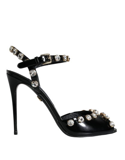 Dolce & Gabbana Black Leather Crystal Ankle Strap Sandals Shoes