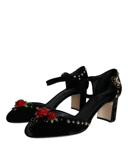 Dolce & Gabbana Black Velvet Roses Ankle Strap Pumps Shoes