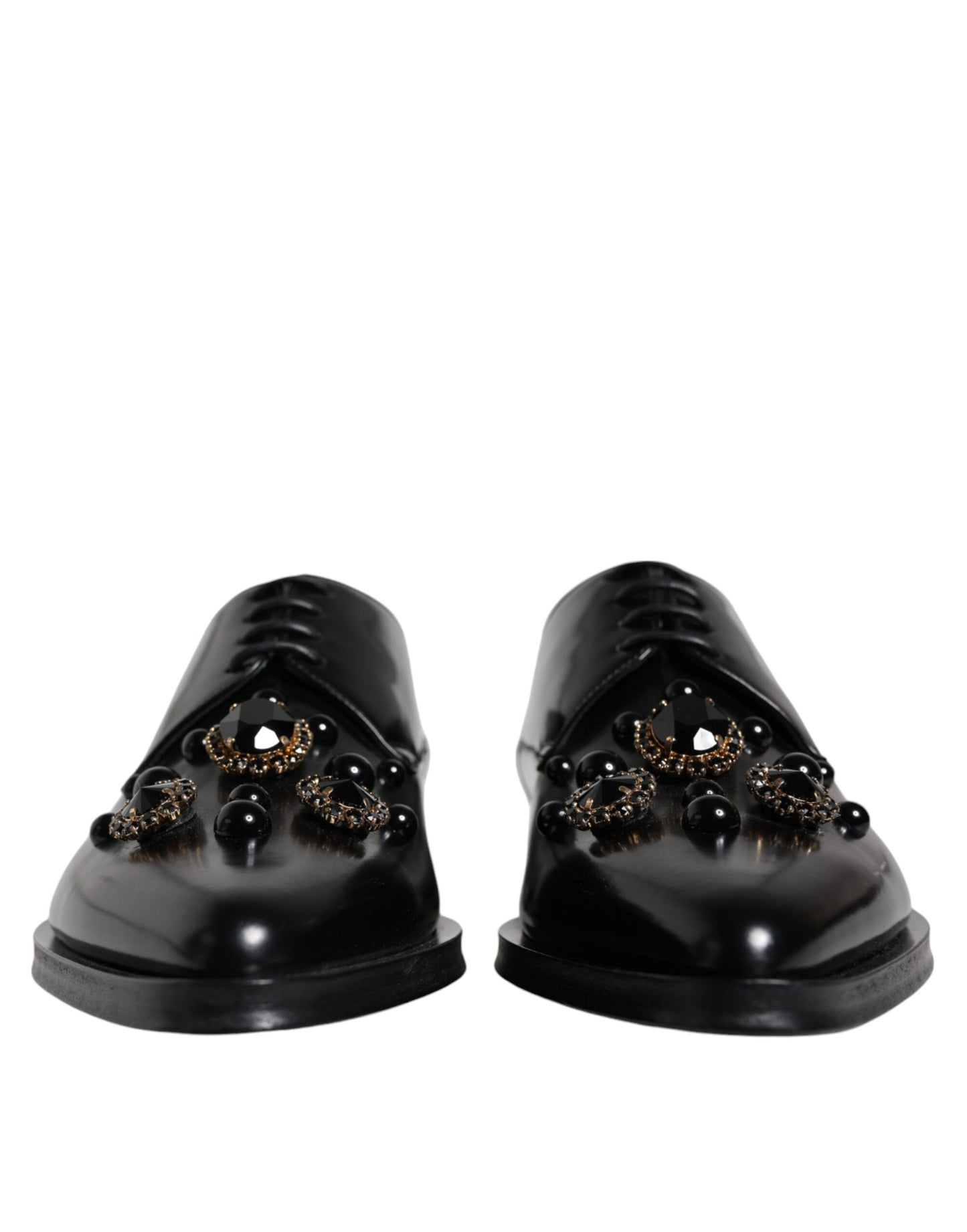 Dolce & Gabbana Black Leather Crystal Lace Up Formal Shoes