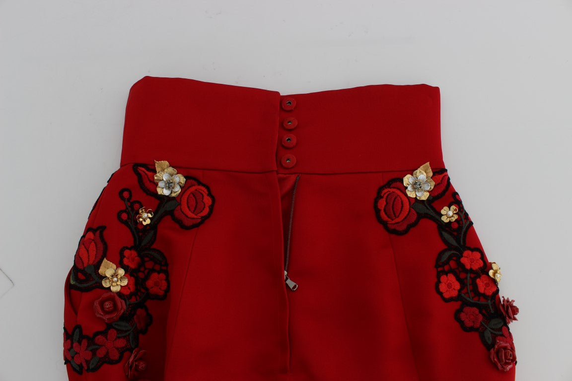 Dolce & Gabbana Red Silk Crystal Roses Shorts - Gio Beverly Hills