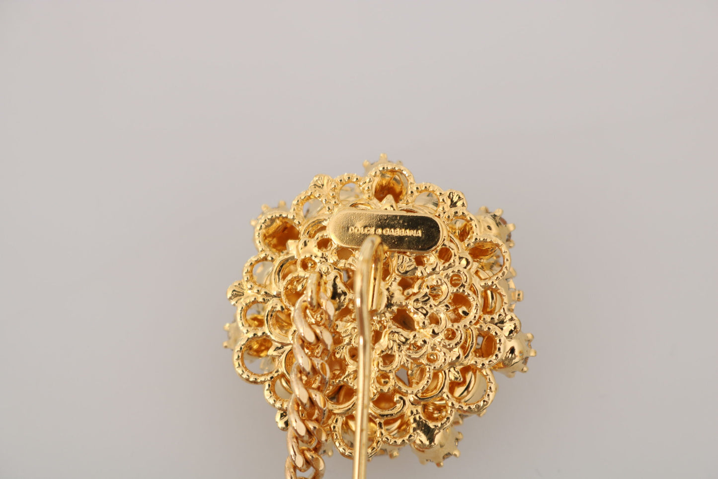 Dolce & Gabbana Gold Brass Clear Crystal Chain Pin Women Brooch - Gio Beverly Hills