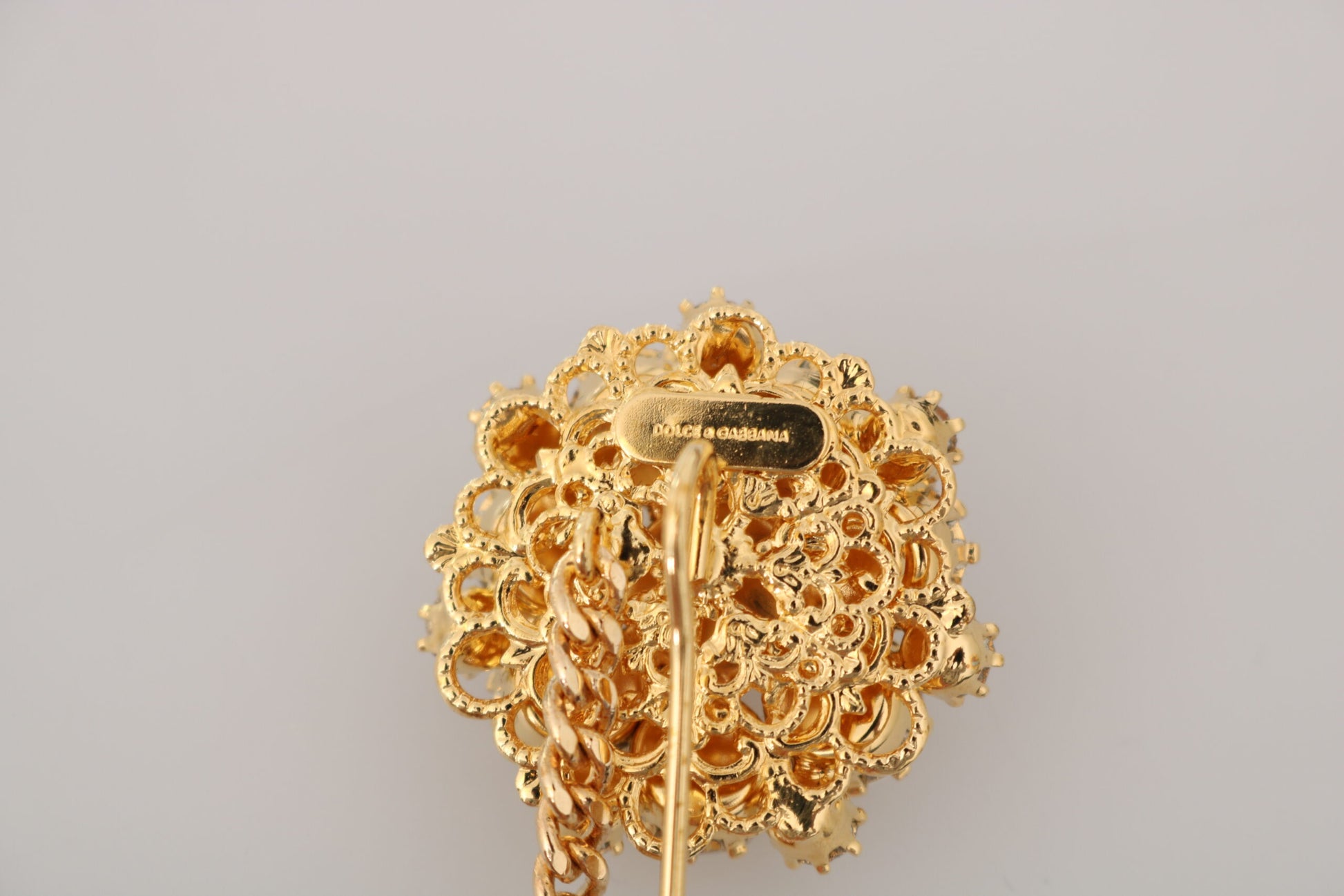 Dolce & Gabbana Gold Brass Clear Crystal Chain Pin Women Brooch - Gio Beverly Hills