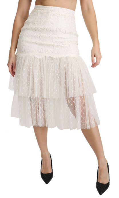 Dolce & Gabbana White Lace Layered High Waist Midi Cotton  Skirt - Gio Beverly Hills