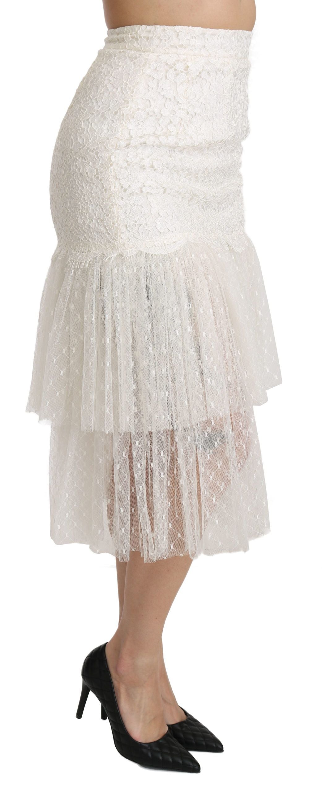 Dolce & Gabbana White Lace Layered High Waist Midi Cotton  Skirt - Gio Beverly Hills