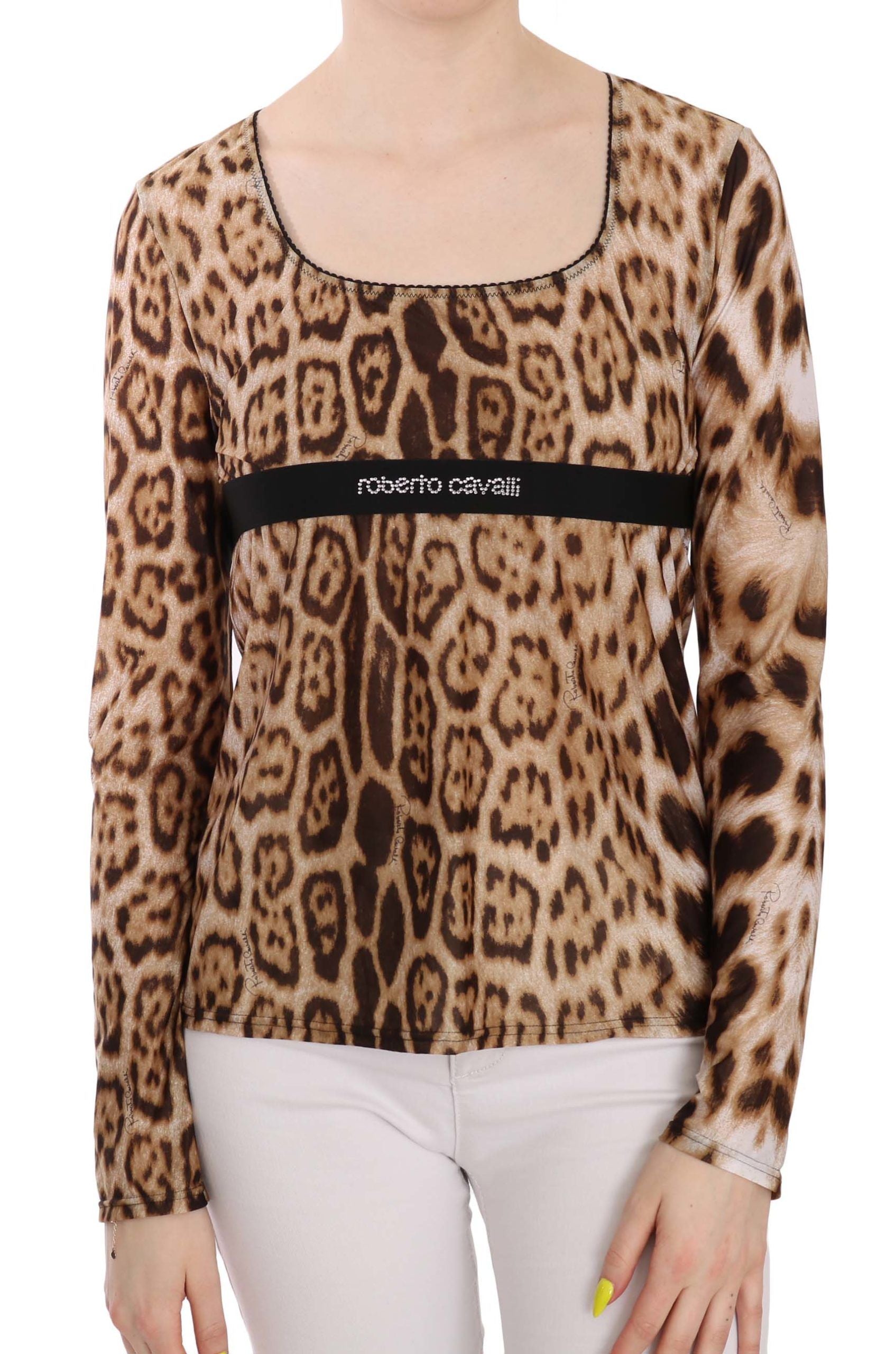 Roberto Cavalli Brown Round Neck Leopard Women Top Blouse - Gio Beverly Hills