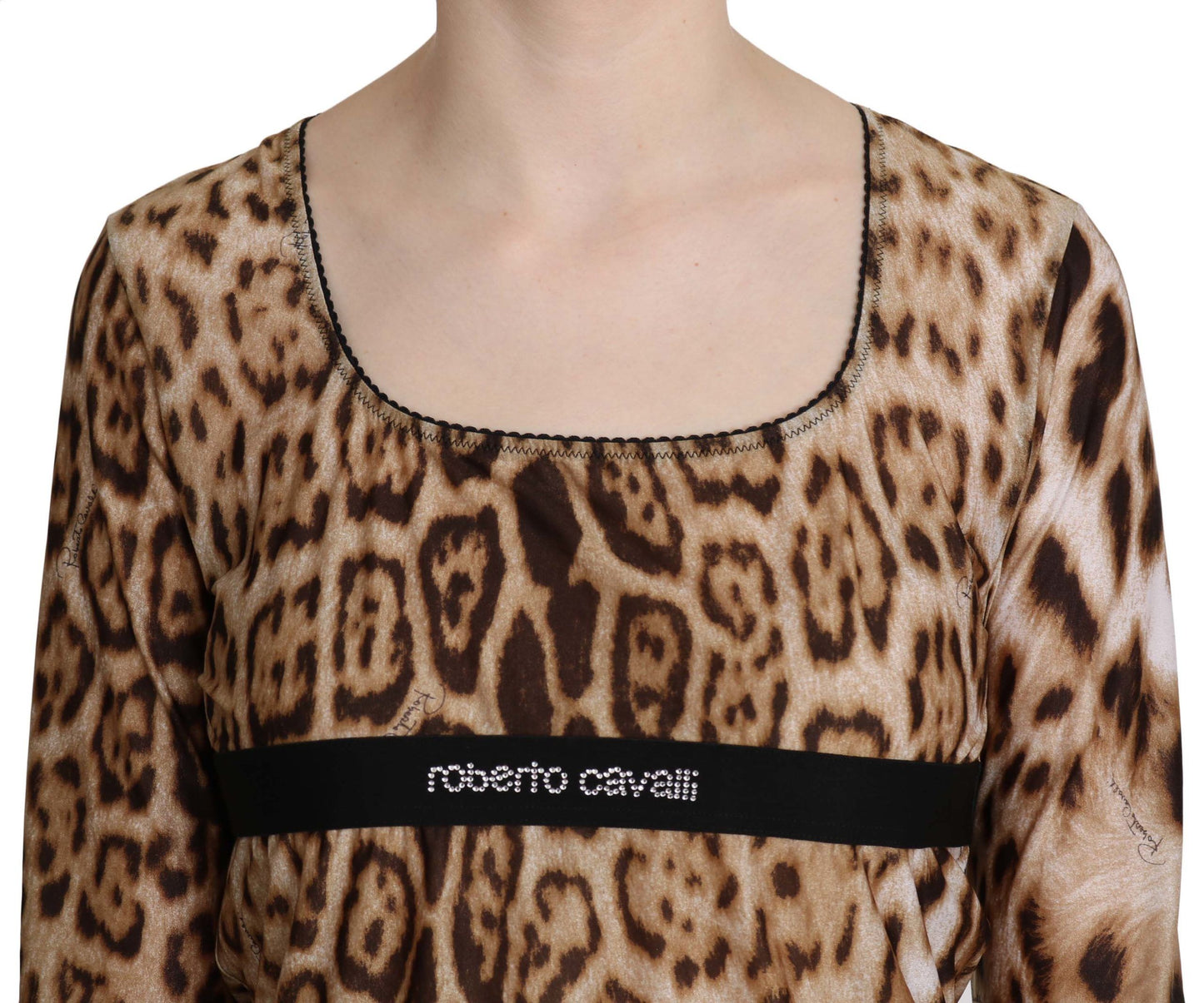 Roberto Cavalli Brown Round Neck Leopard Women Top Blouse - Gio Beverly Hills