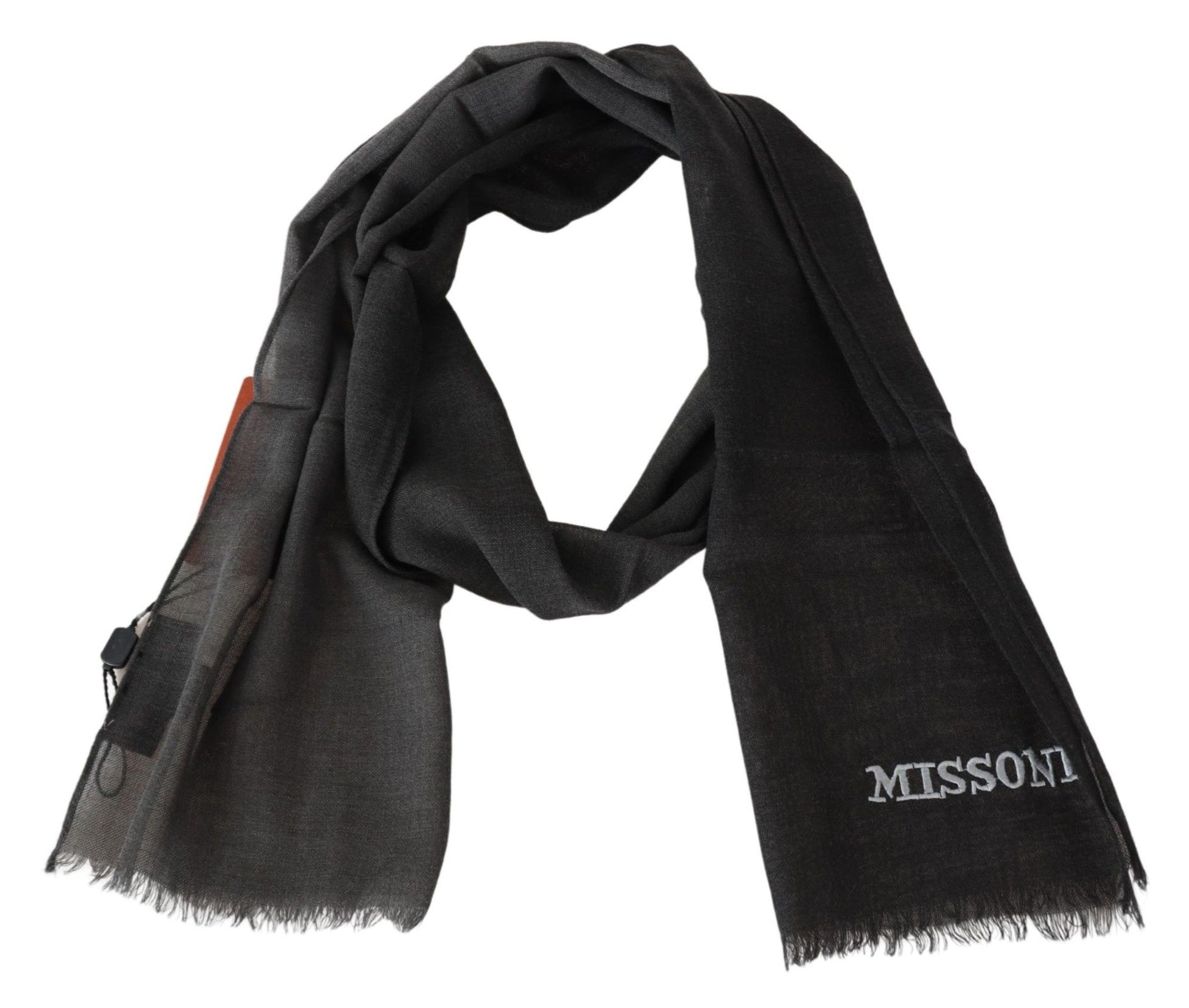 Missoni Black Wool Unisex Neck Wrap Shawl Fringes Logo Scarf - Gio Beverly Hills
