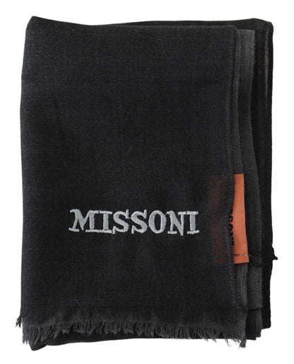 Missoni Black Wool Unisex Neck Wrap Shawl Fringes Logo Scarf - Gio Beverly Hills