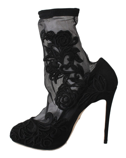Dolce & Gabbana Black Roses Stilettos Booties Socks Shoes - Gio Beverly Hills