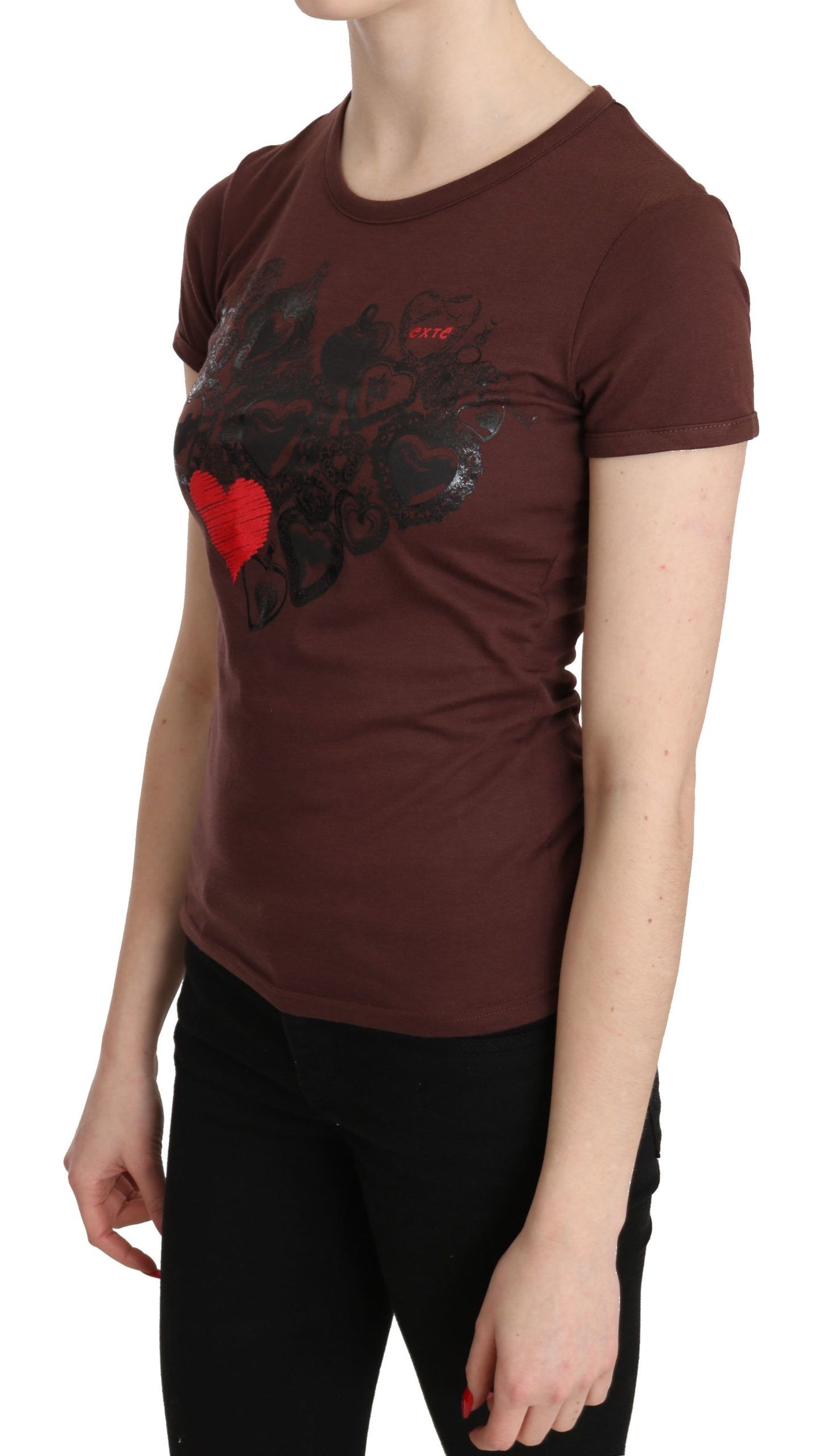Exte Brown Hearts Printed Round Neck T-shirt Top - Gio Beverly Hills