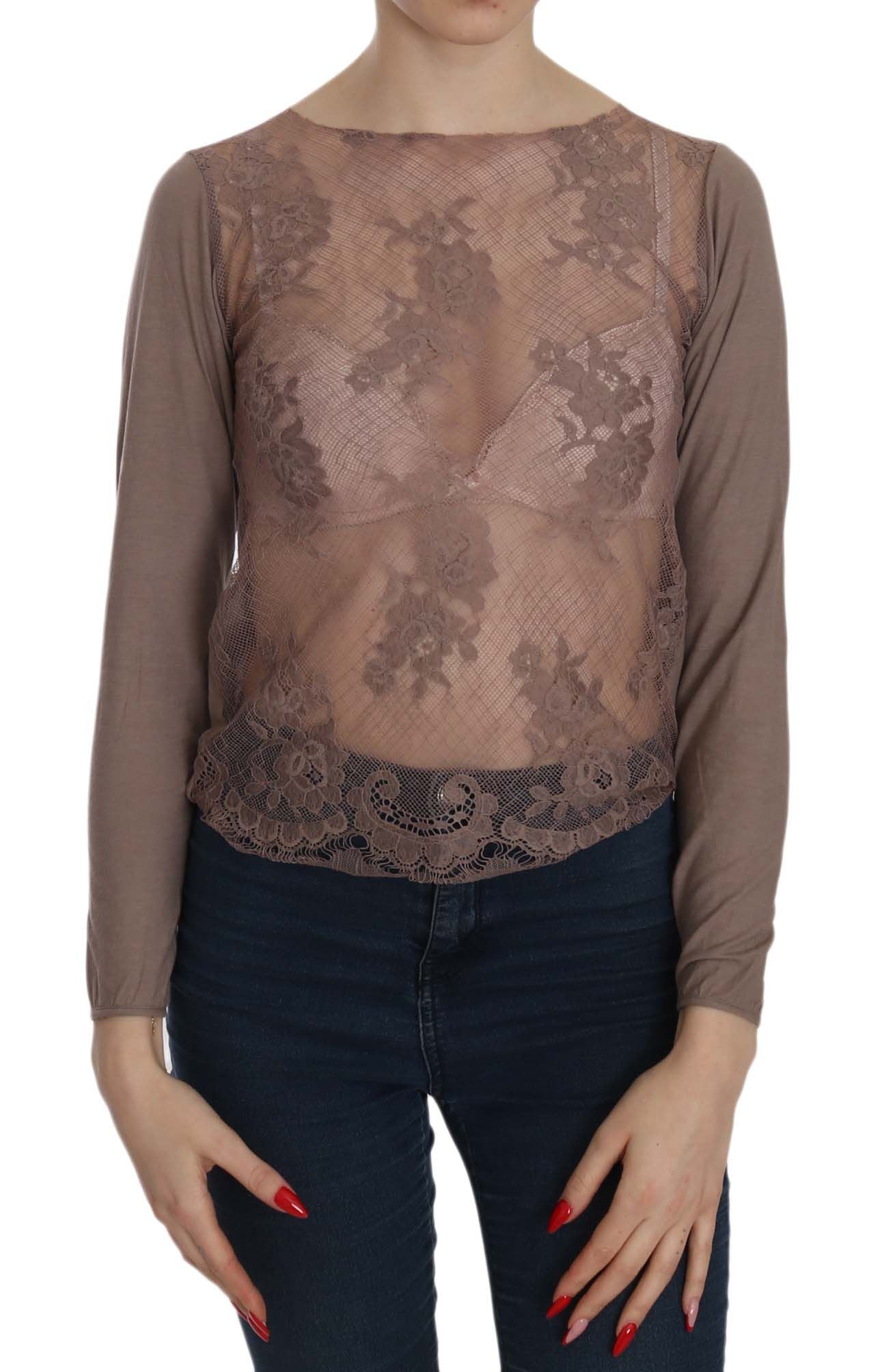 PINK MEMORIES Brown Lace See Through Long Sleeve Top - Gio Beverly Hills