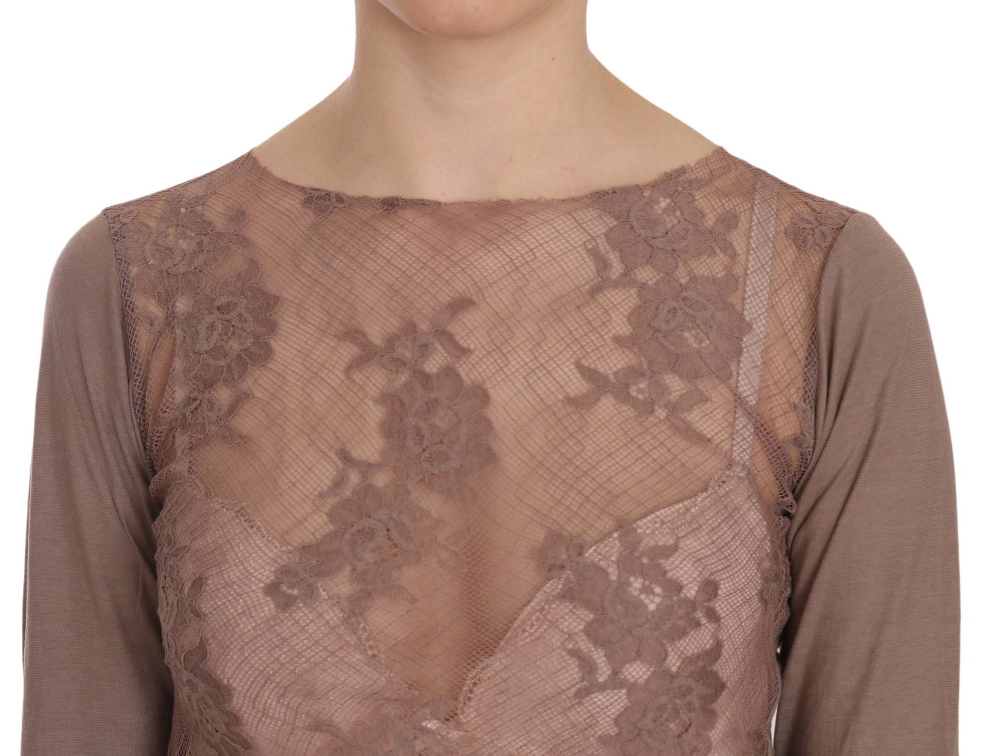 PINK MEMORIES Brown Lace See Through Long Sleeve Top - Gio Beverly Hills