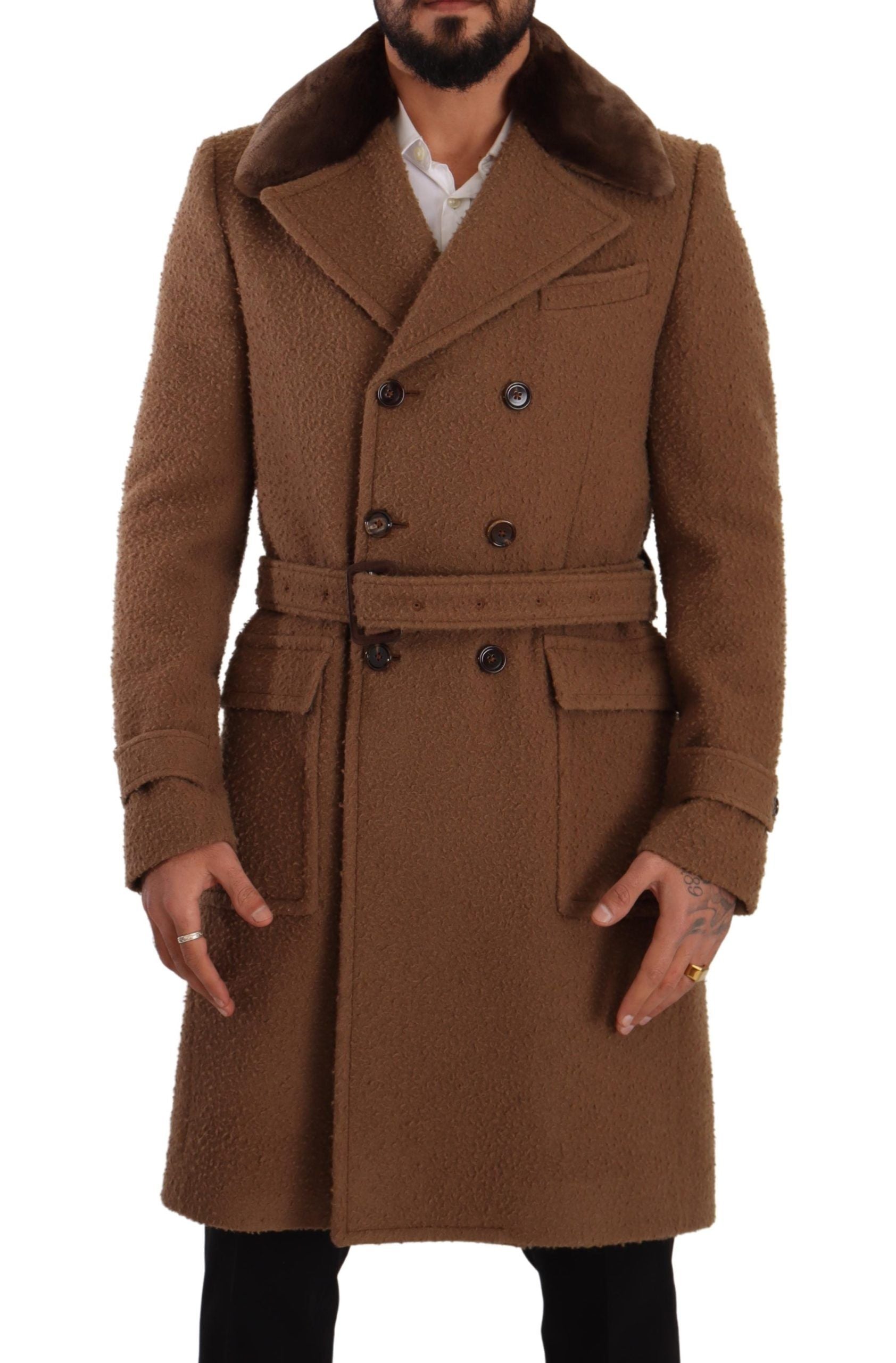 Dolce & Gabbana Brown Wool Long Double Breasted Overcoat Jacket - Gio Beverly Hills