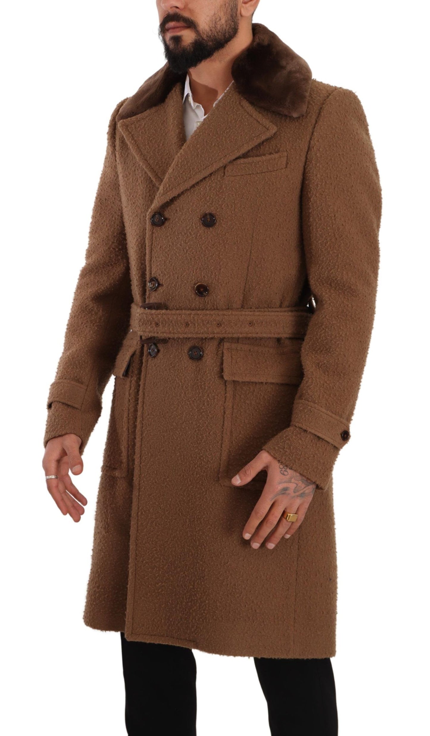 Dolce & Gabbana Brown Wool Long Double Breasted Overcoat Jacket - Gio Beverly Hills