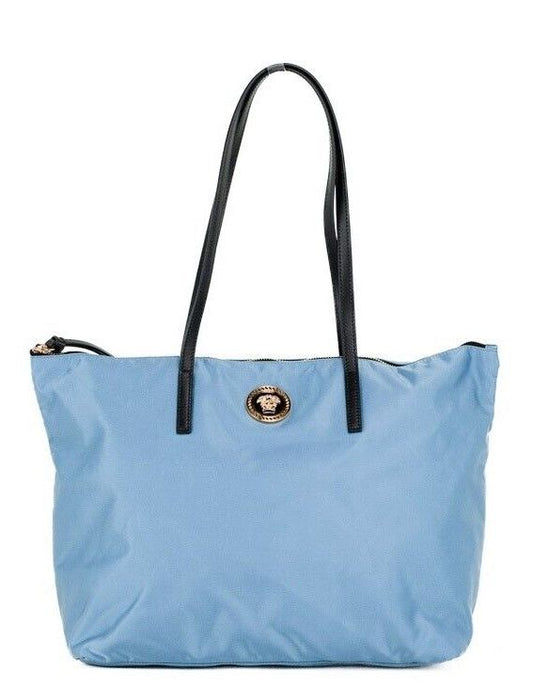 Versace Portuna Medusa Medium Cornflower Blue Nylon Leather Tote Bag Purse - Gio Beverly Hills