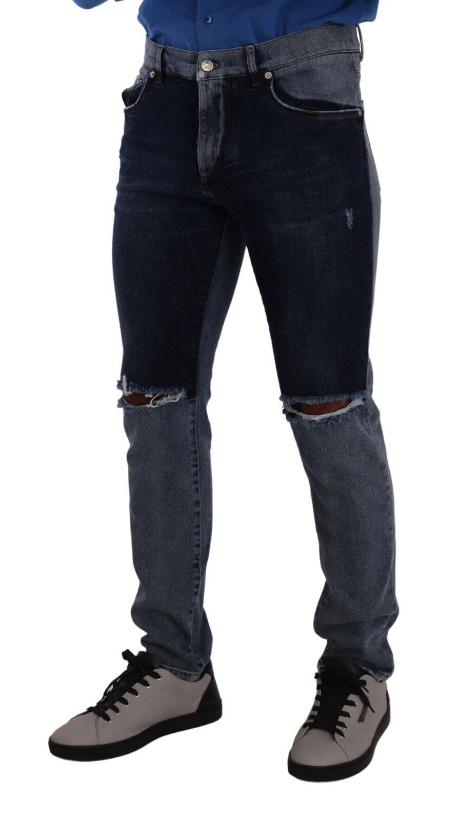 Dolce & Gabbana Blue Two Tone Tattered Cotton Slim Denim Jeans - Gio Beverly Hills