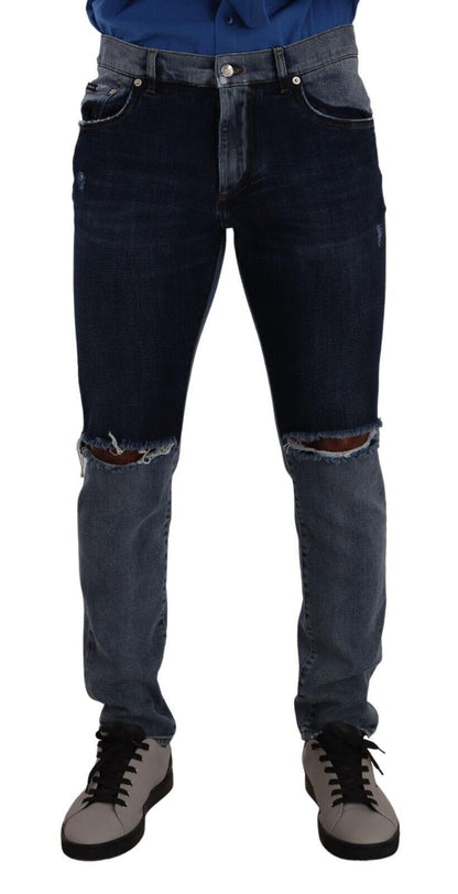 Dolce & Gabbana Blue Two Tone Tattered Cotton Slim Denim Jeans - Gio Beverly Hills