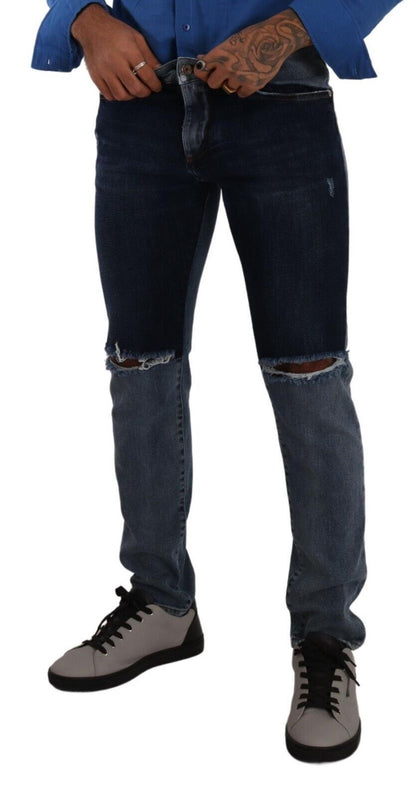 Dolce & Gabbana Blue Two Tone Tattered Cotton Slim Denim Jeans - Gio Beverly Hills